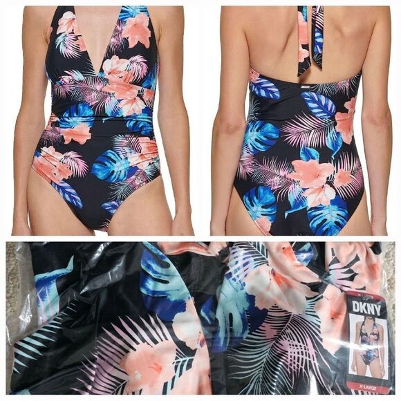 DKNY Halter Tropical Swimsuit Black Coral Large - Picture 12 of 13